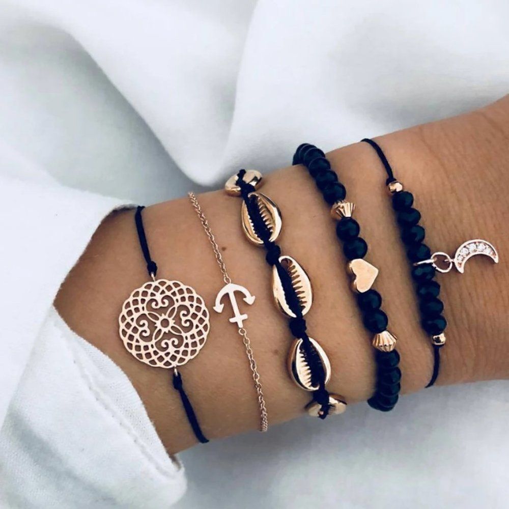 Moon Charm Black Bracelet Stack